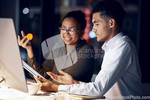 Image of Tablet reading, night collaboration and business people review article for media app, website database or social network. Happy research teamwork, online blog editor and journalist editing news post