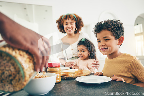 Image of Love, breakfast cereal and happy black family children, mother and father eating meal, bonding and prepare ingredients. Morning food, hands and hungry mom, dad and young youth kids in home kitchen