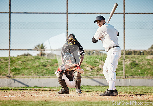 Image of Baseball, bat and concentration with a sports man outdoor, playing a competitive game on mockup. Fitness, health and exercise with a male athlete or player training on a field or pitch for sport