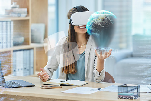 Image of Vr, 3d and business woman with earth, cyber planet or holographic world or overlay in office. Virtual reality, ai metaverse and happy female with futuristic globe for globalization or sustainability.