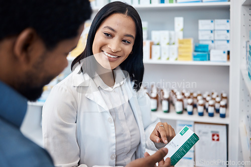 Image of Pharmacy product, client or woman helping man with pills choice, pharmaceuticals decision or medicine shopping. Hospital retail shop, drugs store customer or pharmacist for medical healthcare support