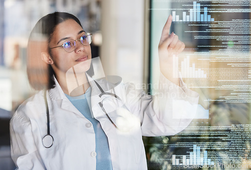 Image of Woman doctor, data overlay and healthcare worker pointing to hospital stats and analytics. Clinic, wellness and health research hologram with a female employee checking insurance information