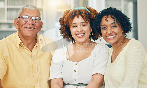 Image of Portrait, family and adult daughter bonding in home, having fun and smiling together. Love, care and happy grandmother, grandfather and woman smile in living room and enjoying holiday or vacation.