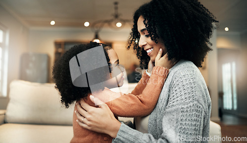 Image of Love, mother and girl on couch, quality time and bonding in living room, happiness and sweet moment. Family, happy mama and daughter on sofa, playing and cheerful in lounge, loving or joyful together