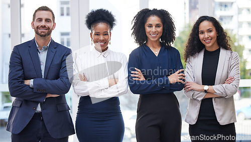 Image of Team, portrait and proud business people in office for partnership, collaboration and support. Face, diversity and group of women with man for leadership, teamwork or professional startup mission