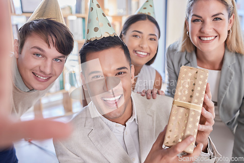 Image of Selfie, portrait and business people with a gift for a birthday, celebration or Christmas. Friends, happy and group of employees with a present at a company event, photo and together to celebrate