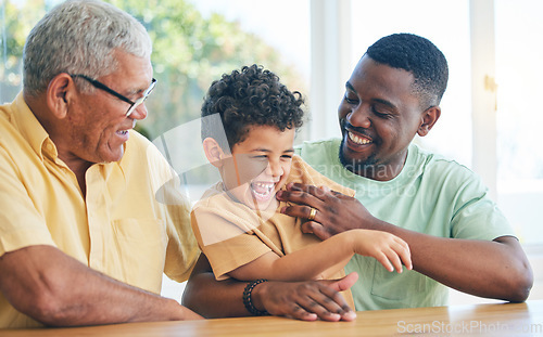 Image of Black family grandfather, child and father playing, having fun and enjoy time together in Angola home. Bonding, love and happy African generation of kid son, grandpa and dad tickling laughing boy