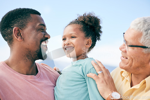 Image of Grandfather, dad and child on beach holiday in South Africa with love, happiness and freedom together. Travel, happy black family and generations, smile and bonding on summer vacation for men and kid