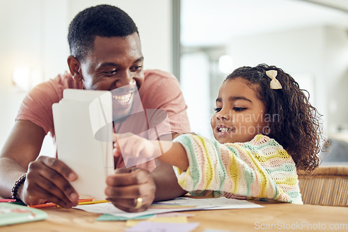 Image of Home school, learning and father helping his child with flash cards, homework or studying. Education, knowledge and African man teaching his young girl kid with reading or an academic assignment.