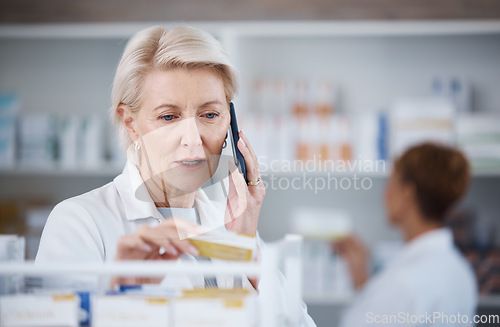 Image of Pharmacy, pharmacist and woman on phone call with medicine or pills in store for telehealth. Healthcare, smartphone and senior medical doctor in consultation with contact for medication prescription.