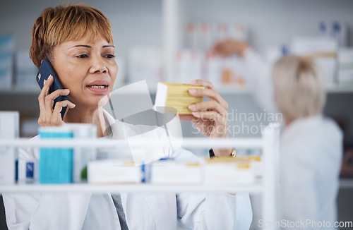 Image of Reading, conversation and pharmacist on a phone call about medicine information or ingredients. Medical, talking and mature female doctor speaking about pills, advice and prescription on a mobile