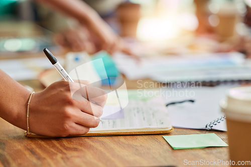 Image of Hands, writing and book for business schedule, planning or brainstorming notes on office desk. Hand in project plan taking note for corporate or company strategy in reminder, idea or tasks on table