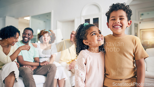 Image of Portrait, family brother and sister smile, having fun and laughing together in home. Love, care and happy children, siblings or boy and girl bonding in living room and enjoying holiday or vacation.