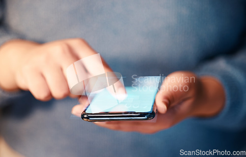 Image of Hands typing, phone screen and hologram in office, data or holographic financial statistics. Futuristic, graphs or business woman with mobile smartphone for networking, web browsing or 3d digital app