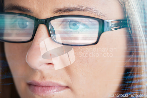 Image of Face, vision and glasses with code, woman in business and programming, data analysis and information technology. Digital overlay, serious female and focus, coding and software development reflection