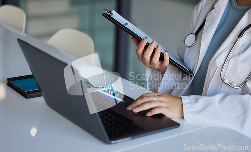 Image of Hospital, computer stats overlay and woman hands of a doctor working with research data. Medical, healthcare and wellness professional with graph hologram of medicine statistics with paperwork