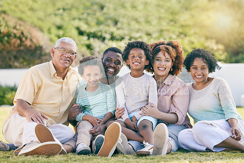 Image of Portrait of grandparents, parents and children on grass enjoy holiday, summer vacation and weekend. Black family, garden and happy mom, dad and kids smile for quality time, relax and bonding outdoors