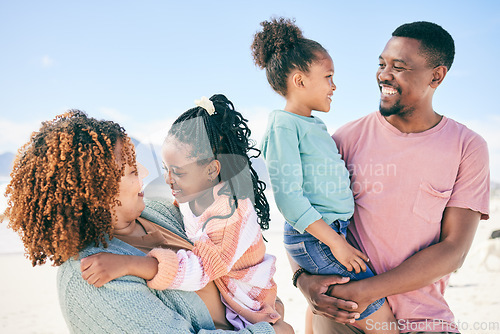 Image of Family at the beach, happiness and love with travel, summer vacation with parents and children outdoor in nature. Holiday, tropical island and black man, woman and girl kids smile together in Bali