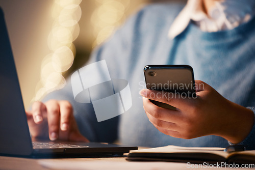 Image of Woman hands, laptop or phone in night office on project management app, tax deadline or loan research planning. Zoom, worker or business on mobile communication technology in working late accounting