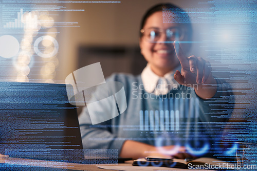 Image of Business worker, hands or hologram screen in night office on financial software, stock market trading or growth tech data. Zoom, finger or abstract touch for finance chart or happy interactive woman