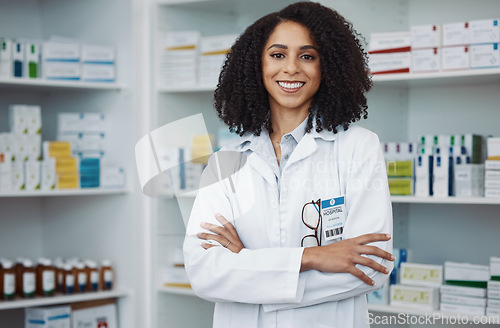 Image of Healthcare, smile and portrait of woman in pharmacy, and happy to help with advice on prescription drugs. Confidence, medicine and medical professional or pharmacist for health and wellness.