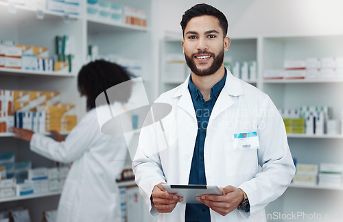 Image of Smile, tablet and portrait of man pharmacist with online checklist, inventory and happy to help with advice. Confidence, medicine and medical professional and healthcare consultant in health pharmacy