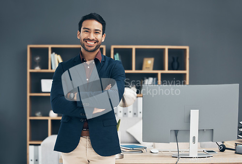 Image of Office portrait, confident smile and man happy for startup law firm, corporate development or company success. Happiness, workplace and Taiwan lawyer with pride in career, job or professional growth