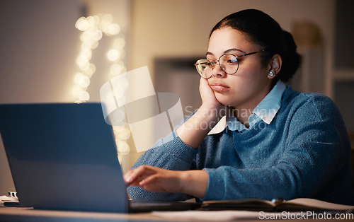 Image of Laptop, bored student and woman in home for late night studying, knowledge research or elearning. Sad, depression and female with fatigue, boredom and burnout while on computer for education in house