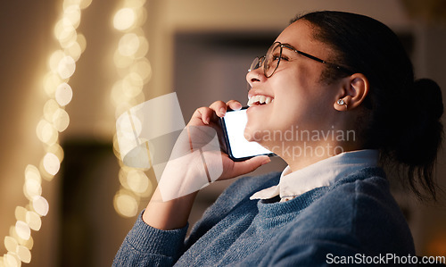 Image of Phone call, business woman and laughing in office at night, chatting or speaking to contact. Thinking, bokeh overtime and happy female employee with mobile for funny conversation or comic discussion.