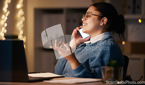 Image of Business woman, phone call and talking in office at night, chatting or speaking to contact. Bokeh, overtime and happy female employee with mobile smartphone for conversation, networking or discussion