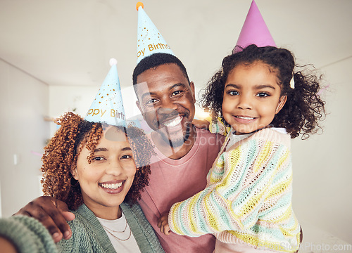 Image of Black family, selfie smile and birthday portrait in home and having fun at party celebration. Interracial, love and father, mother and child or girl taking pictures for happy memory and social media.