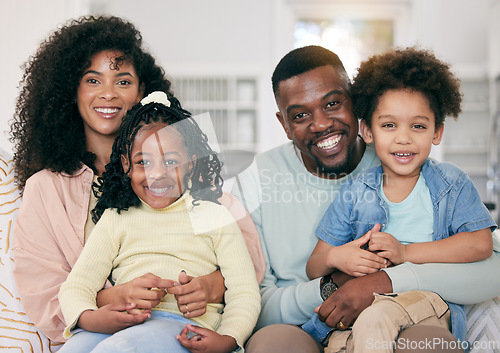 Image of Happy, love and portrait of a black family in the living room sitting, relaxing and bonding together. Happiness, smile and young African man and woman resting with their children on a sofa at home.