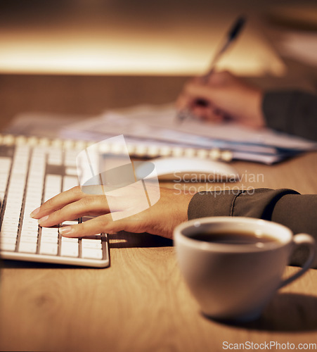 Image of Computer keyboard, hands or office woman writing online summary, notebook report or customer experience insight. Brand monitoring research, social media data analysis or night person review analytics