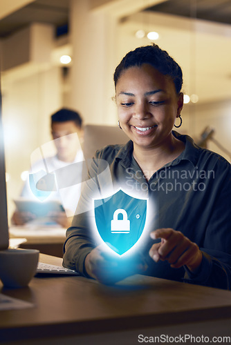 Image of Phone hologram, cybersecurity or night woman with digital banking safety, password protection or biometric fintech lock. Smartphone cyber security, mobile data encryption or African girl with shield