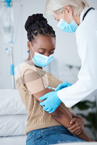 Image of Medical, covid and vaccine with doctor and black woman for prevention, treatment and diagnosis. Healthcare, medicine and injection with patient and expert for examination, virus and outbreak