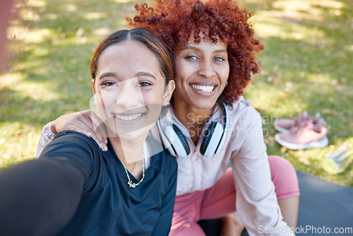 Image of Selfie, yoga and portrait of friends in park for exercise, meditation and wellness together. Sports, relax and face of women smile ready for stretching, workout and pilates training for healthy body