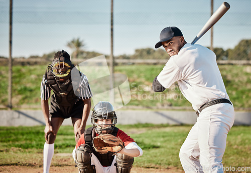 Image of Baseball, bat and catch with a sports man outdoor, playing a competitive game during summer. Fitness, health and exercise with a male athlete or player training on a field for sport or recreation