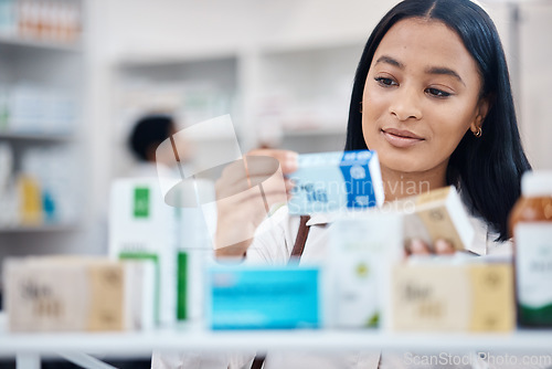 Image of Pharmacy, woman and customer shopping for medicine box, supplements product search or drugs store pharmaceutical. Retail hospital shop, clinic pills shelf or client face for medical healthcare choice