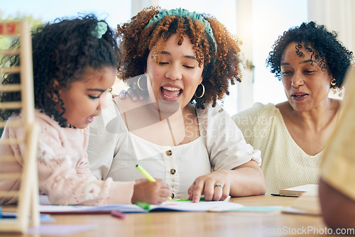 Image of Learning, drawing and mother, grandmother and kid in home, helping with homework and homeschool. Family education, development and happy girl with grandma and mama teaching her art with book in house