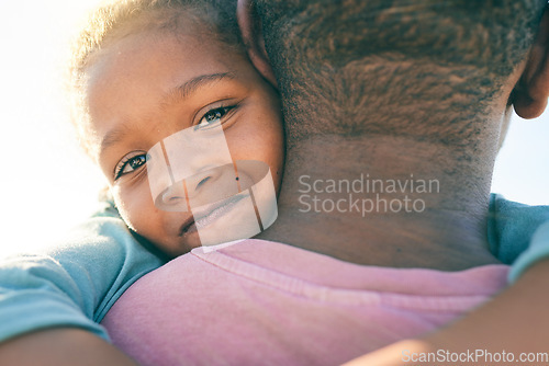Image of Face portrait, child or black family hug, embrace or bond on outdoor vacation for peace, freedom and quality time. Sunshine flare, love or African youth kid, father or people together in South Africa