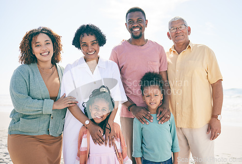 Image of Family at beach, portrait and generations outdoor, happy people relax with grandparents, parents and kids. Happiness, smile and travel, love and care with relationship and bond on vacation in Bali