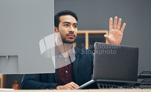 Image of Laptop, virtual cyber gesture and man work on ux web design, app wireframe or website digital transformation. Information technology, dashboard hud and graphic designer rendering multimedia software