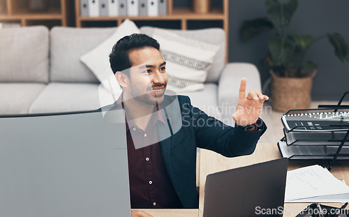 Image of Virtual screen, gesture and person pointing at UX web design, app wireframe or website digital transformation. Information technology dashboard, graphic designer hud and man rendering AI media system