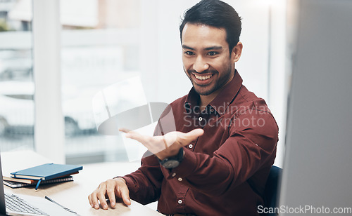 Image of Invisible hologram, hand and business man in office with gesture for user interface, virtual tech and online ai. Network, 3d technology mockup and happy male at desk for internet, research and ux