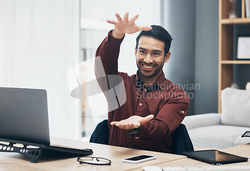 Image of Virtual design, office or business man gesture, vision and happy planning project development. Wireframe webdesign, interactive UI system or graphic design person rendering product with CAD software