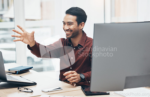 Image of Invisible screen, hand and business man in office for hologram, virtual tech and ai interface. Network, 3d technology and happy male at desk on computer for internet, online research and digital ux