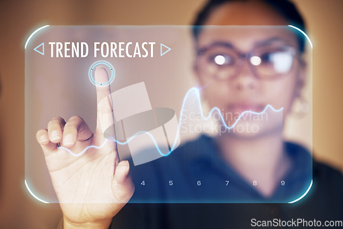 Image of Business woman, touch or hologram chart in night office on stock market management, finance planning or future growth forecast. Zoom, worker or hands on abstract screen for interactive trending graph