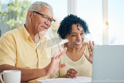 Image of Senior man, old woman and laptop for video call with wave, hello and smile in morning for web communication. Elderly couple, contact and computer for social media streaming, chat and happy in house