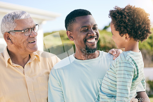 Image of Love, grandfather and dad with son, happiness and cheerful with quality time, joyful and smile. Family, old man and male parent with boy, loving or bonding together, outdoor or fun with care or laugh