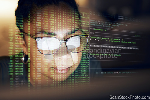 Image of Computer hologram, script and woman programming software server or coding future cybersecurity. Night programmer face, virtual cloud computing script or African coder reading machine learning ai code